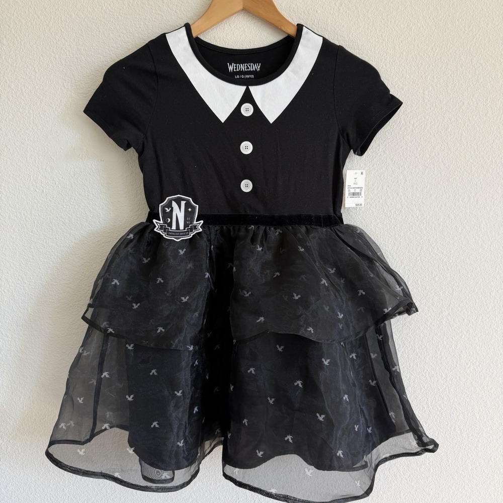 Girls' Wednesday Addams Tulle Character Dress - Black/White Size L (10/12)